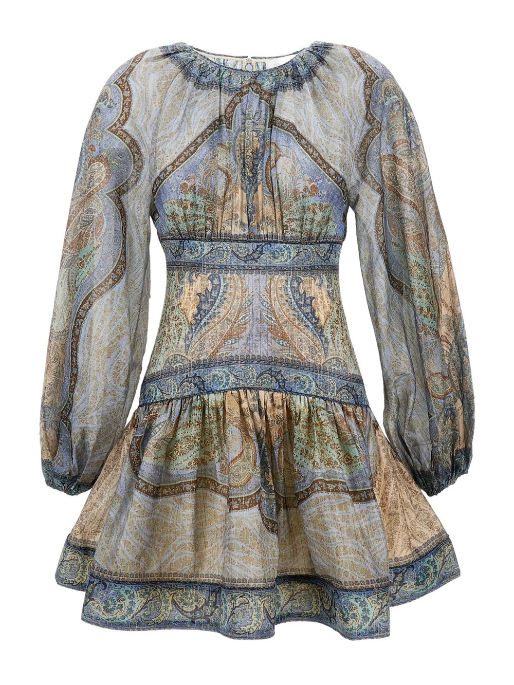 Zimmermann Paisley Long-Sleeve Mini Dress in Blue and Tan